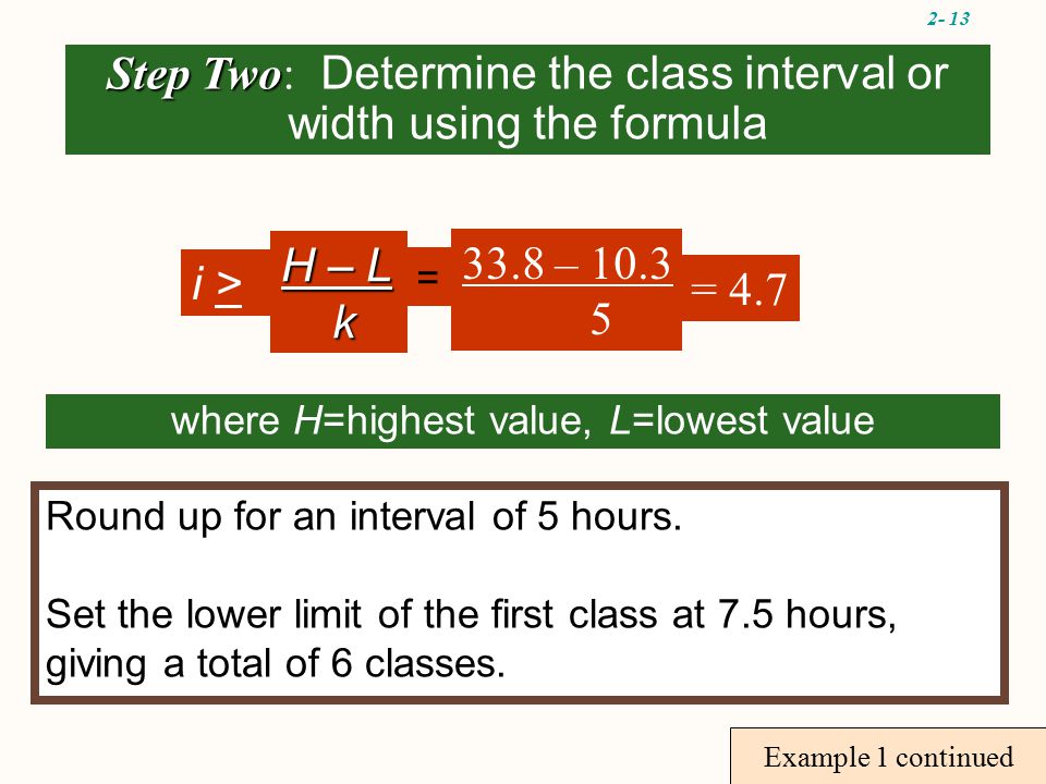 2- 13 where H=highest value, L=lowest value 33.8 – = 4.7 Step Two Step Two: Determine the class interval or width using the formula H – L k i > = Round up for an interval of 5 hours.