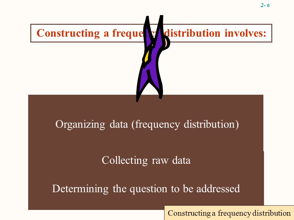 2- 6 Determining the question to be addressed Constructing a frequency distribution involves: Collecting raw data Organizing data (frequency distribution) Constructing a frequency distribution