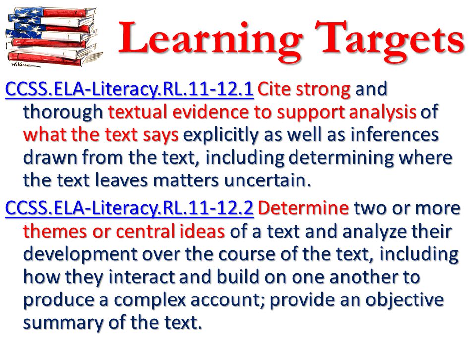 Learning Targets CCSS.ELA-Literacy.RL CCSS.ELA-Literacy.RL Cite strong and thorough textual evidence to support analysis of what the text says explicitly as well as inferences drawn from the text, including determining where the text leaves matters uncertain.