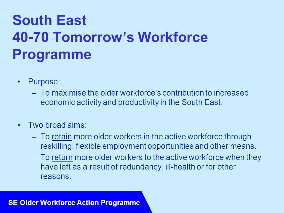 SE Older Workforce Action Programme South East Tomorrow’s Workforce Programme Purpose: –To maximise the older workforce’s contribution to increased economic activity and productivity in the South East.