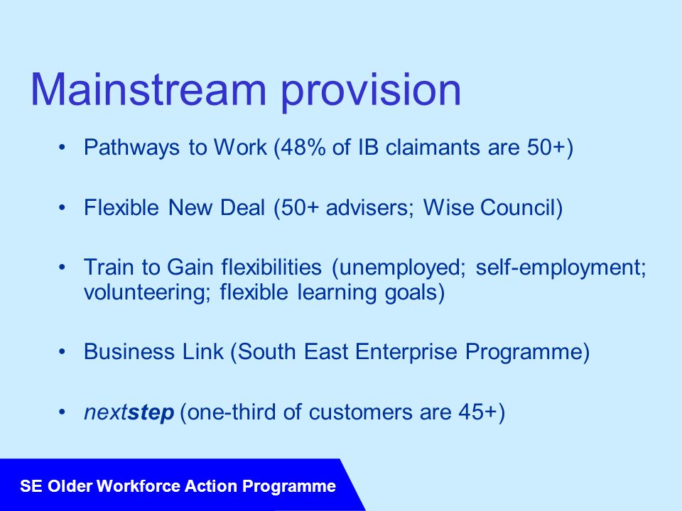 SE Older Workforce Action Programme Mainstream provision Pathways to Work (48% of IB claimants are 50+) Flexible New Deal (50+ advisers; Wise Council) Train to Gain flexibilities (unemployed; self-employment; volunteering; flexible learning goals) Business Link (South East Enterprise Programme) nextstep (one-third of customers are 45+)