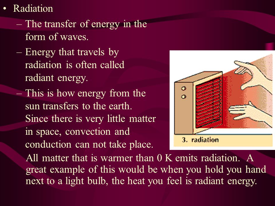 Radiation –The transfer of energy in the form of waves.