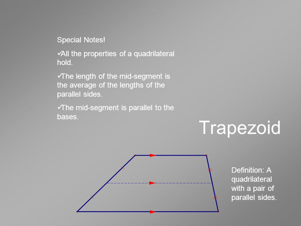 Trapezoid Definition: A quadrilateral with a pair of parallel sides.