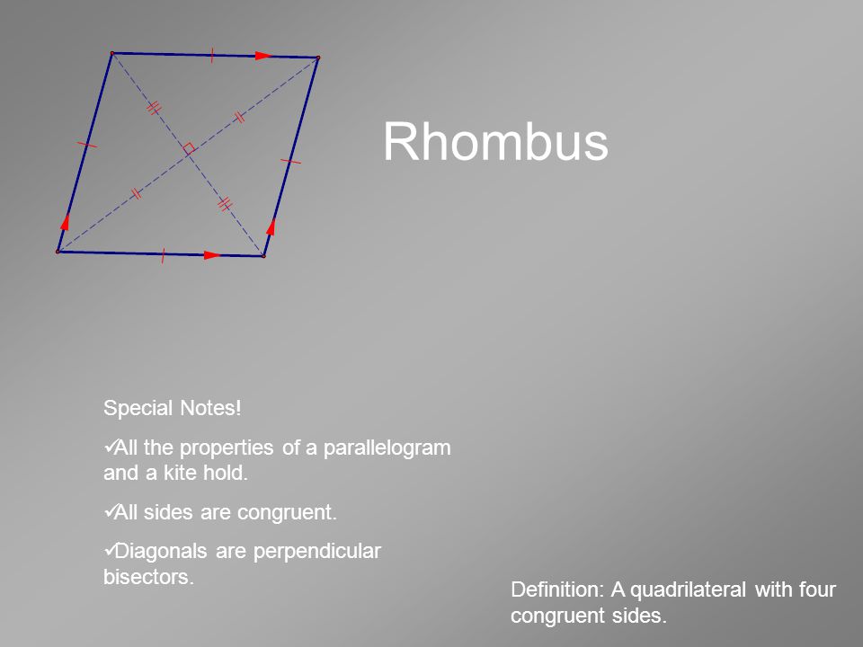 Rhombus Definition: A quadrilateral with four congruent sides.
