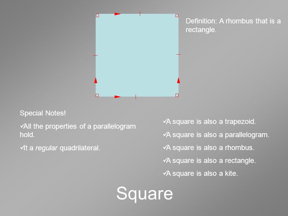 Square Definition: A rhombus that is a rectangle. Special Notes.