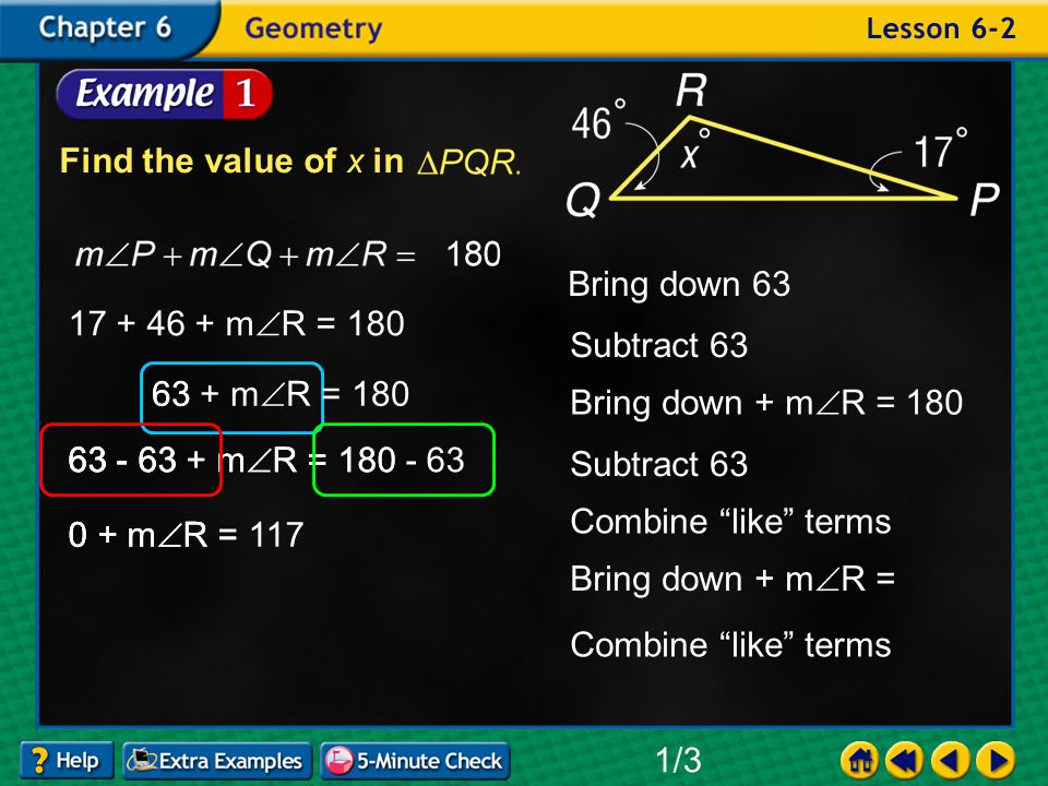 Example 2-1a Find the value of x in Combine like terms 1/ m  R = Ask what is being done to the variable .