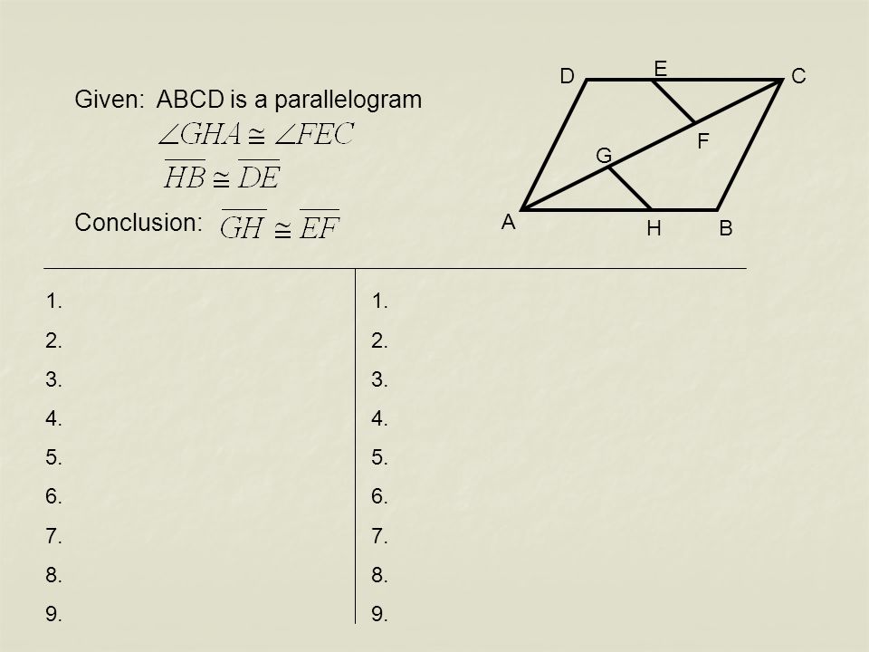 Given: ABCD is a parallelogram Conclusion: B C E A D F G H 1.