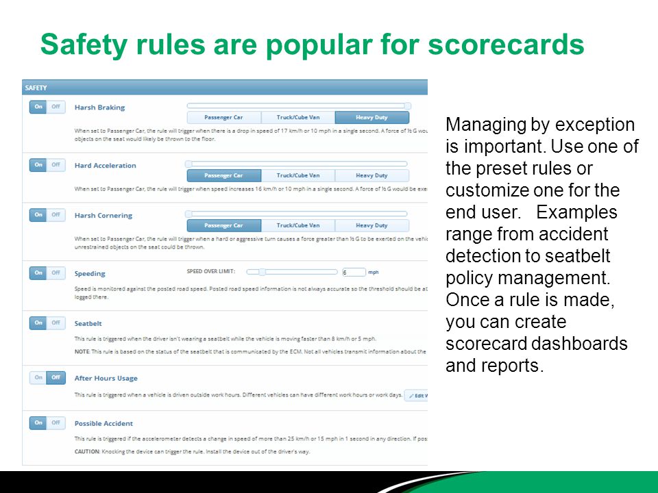 Safety rules are popular for scorecards Managing by exception is important.