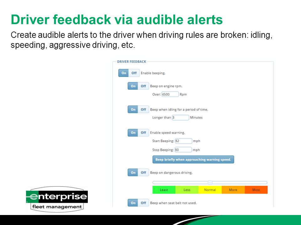 Driver feedback via audible alerts Create audible alerts to the driver when driving rules are broken: idling, speeding, aggressive driving, etc.