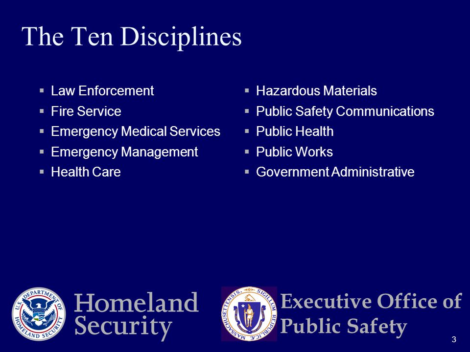 3 Executive Office of Public Safety The Ten Disciplines  Law Enforcement  Fire Service  Emergency Medical Services  Emergency Management  Health Care  Hazardous Materials  Public Safety Communications  Public Health  Public Works  Government Administrative