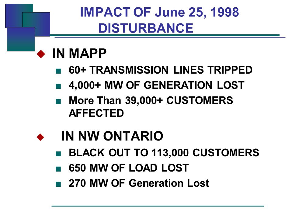IMPACT OF June 25, 1998 DISTURBANCE  IN MAPP ■ 60+ TRANSMISSION LINES TRIPPED ■ 4,000+ MW OF GENERATION LOST ■ More Than 39,000+ CUSTOMERS AFFECTED  IN NW ONTARIO ■ BLACK OUT TO 113,000 CUSTOMERS ■ 650 MW OF LOAD LOST ■ 270 MW OF Generation Lost