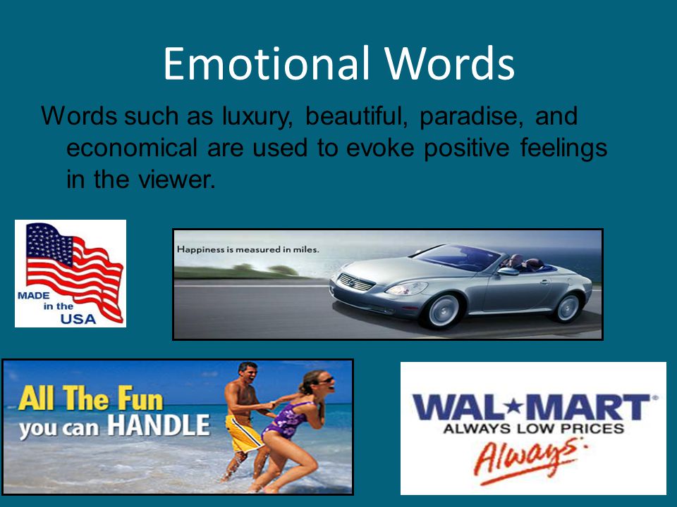 Emotional Words Words such as luxury, beautiful, paradise, and economical are used to evoke positive feelings in the viewer.