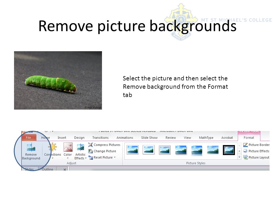 Select the picture and then select the Remove background from the Format tab
