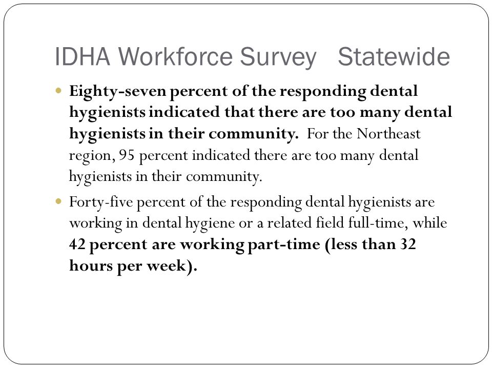IDHA Workforce Survey Statewide Eighty-seven percent of the responding dental hygienists indicated that there are too many dental hygienists in their community.
