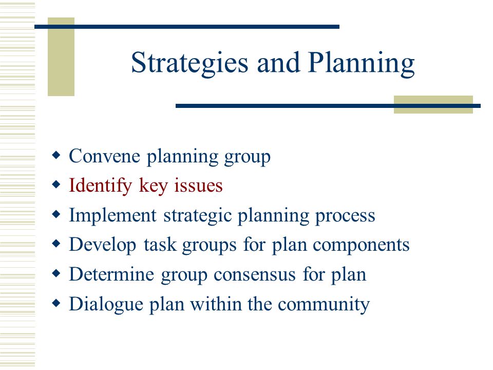 Strategies and Planning  Convene planning group  Identify key issues  Implement strategic planning process  Develop task groups for plan components  Determine group consensus for plan  Dialogue plan within the community