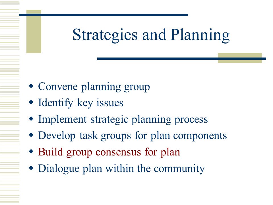 Strategies and Planning  Convene planning group  Identify key issues  Implement strategic planning process  Develop task groups for plan components  Build group consensus for plan  Dialogue plan within the community