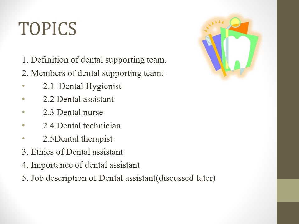 TOPICS 1. Definition of dental supporting team. 2.