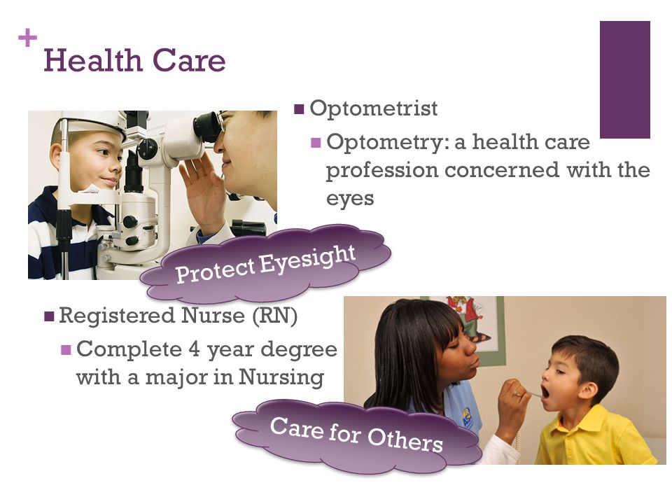 + Health Care Optometrist Optometry: a health care profession concerned with the eyes Registered Nurse (RN) Complete 4 year degree with a major in Nursing Protect Eyesight Care for Others