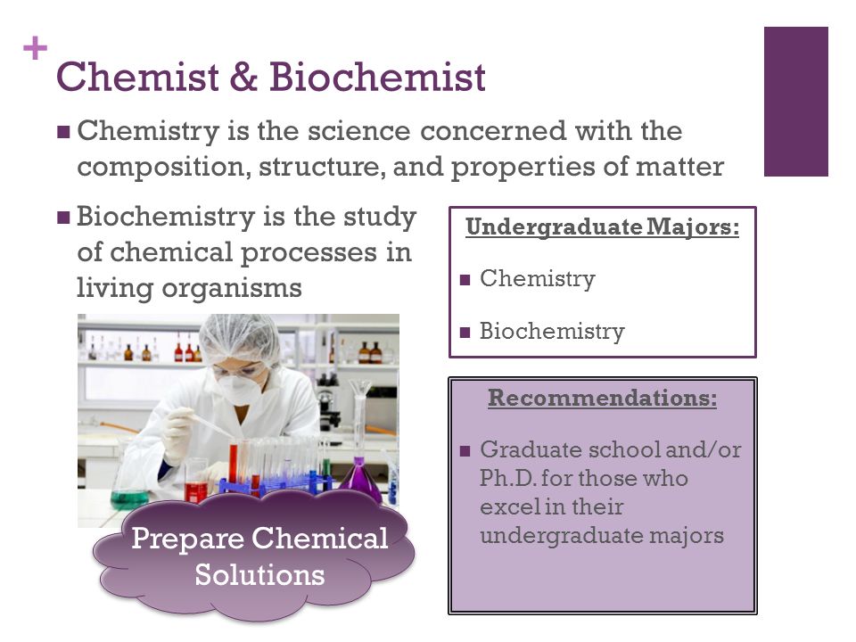 + Chemist & Biochemist Biochemistry is the study of chemical processes in living organisms Recommendations: Graduate school and/or Ph.D.