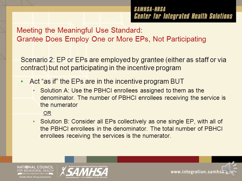 Meeting the Meaningful Use Standard: Grantee Does Not Employ EPs, or EPs Not Participating Scenario 1: No EPs employed by the grantee, solution Consult with GPO Grantee will still be required to meet the standard.