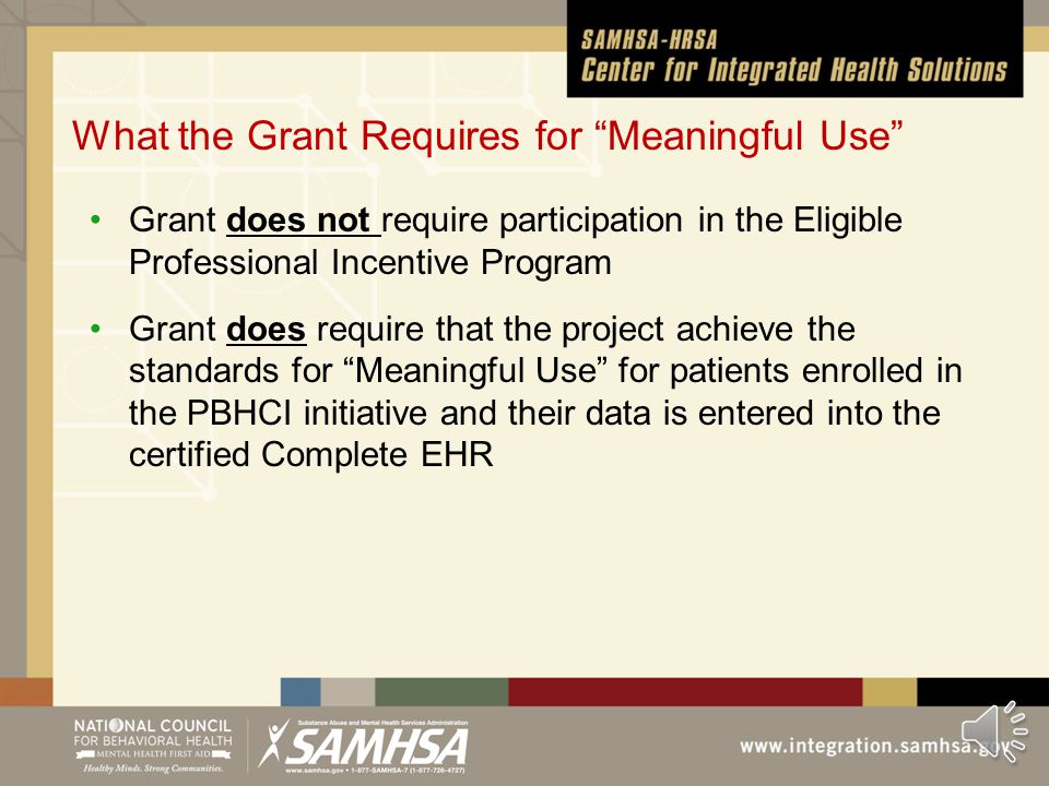 Meaningful Use Standard (Stage 1) Set of standards and specific criteria (15 Core and 5 of 10 Menu Objectives and Measures)* Defined by CMS specifically for the Eligible Professional (EP) Incentive Program Measures are calculated by each Eligible professional Denominator = all of the patients they have seen Numerator = all of the patients who received the Meaningful Use related service Produces a percent that is compared to the Measure requirements