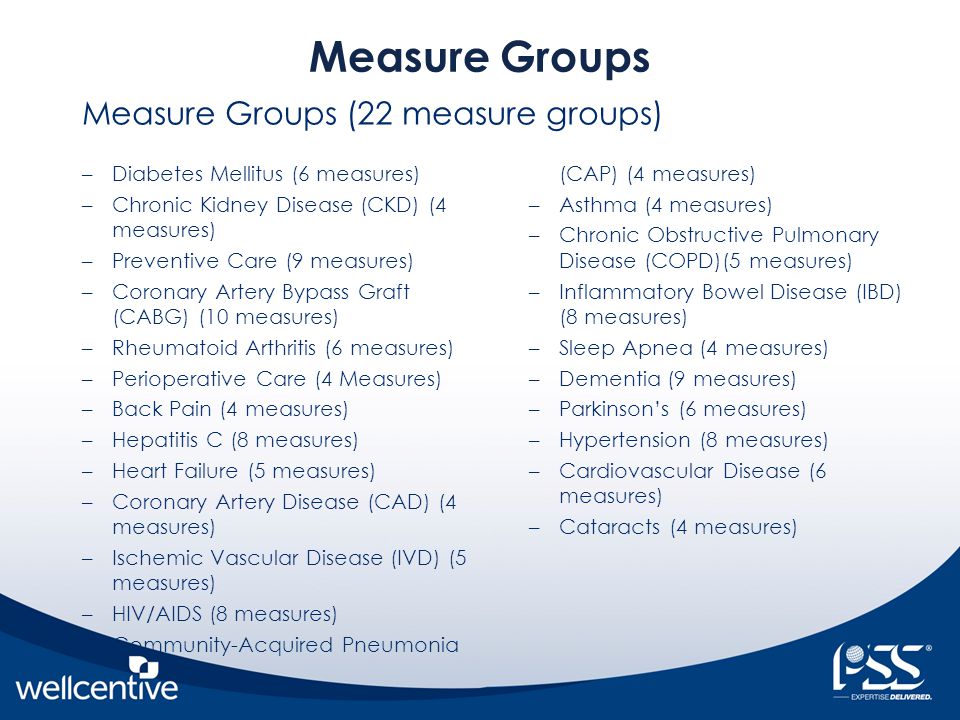 Measure Groups –Diabetes Mellitus (6 measures) –Chronic Kidney Disease (CKD) (4 measures) –Preventive Care (9 measures) –Coronary Artery Bypass Graft (CABG) (10 measures) –Rheumatoid Arthritis (6 measures) –Perioperative Care (4 Measures) –Back Pain (4 measures) –Hepatitis C (8 measures) –Heart Failure (5 measures) –Coronary Artery Disease (CAD) (4 measures) –Ischemic Vascular Disease (IVD) (5 measures) –HIV/AIDS (8 measures) –Community-Acquired Pneumonia (CAP) (4 measures) –Asthma (4 measures) –Chronic Obstructive Pulmonary Disease (COPD)(5 measures) –Inflammatory Bowel Disease (IBD) (8 measures) –Sleep Apnea (4 measures) –Dementia (9 measures) –Parkinson’s (6 measures) –Hypertension (8 measures) –Cardiovascular Disease (6 measures) –Cataracts (4 measures) Measure Groups (22 measure groups)