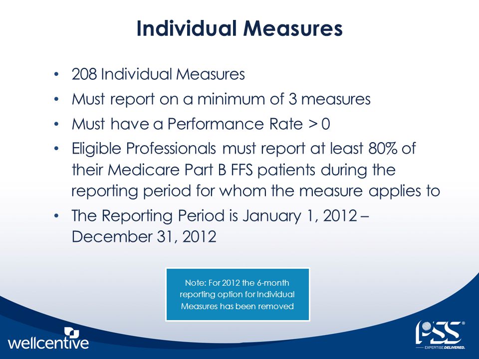 Individual Measures 208 Individual Measures Must report on a minimum of 3 measures Must have a Performance Rate > 0 Eligible Professionals must report at least 80% of their Medicare Part B FFS patients during the reporting period for whom the measure applies to The Reporting Period is January 1, 2012 – December 31, 2012 Note: For 2012 the 6-month reporting option for Individual Measures has been removed