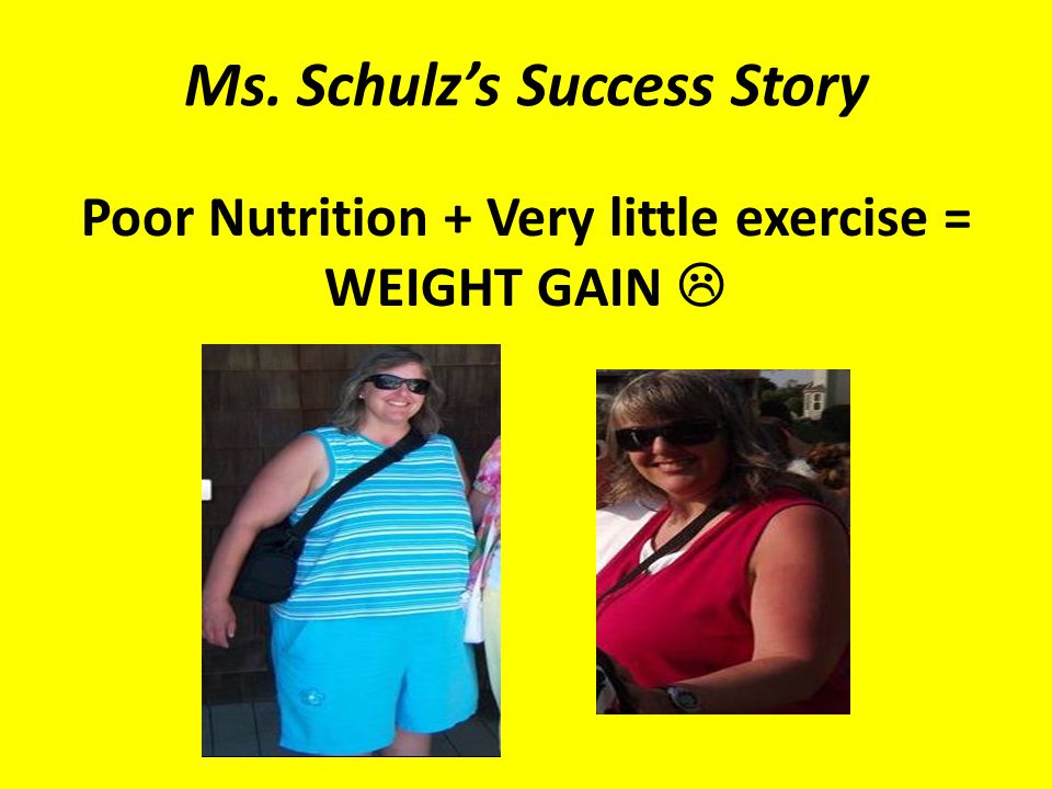 Ms. Schulz’s Success Story Poor Nutrition + Very little exercise = WEIGHT GAIN 