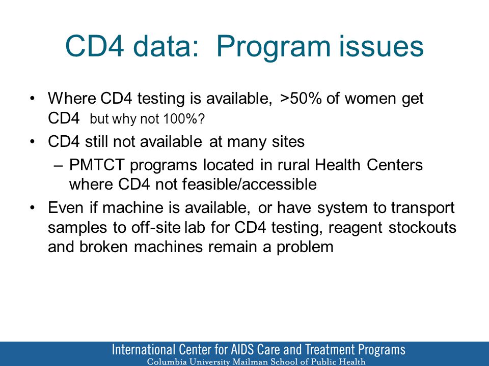 CD4 data: Program issues Where CD4 testing is available, >50% of women get CD4 but why not 100%.
