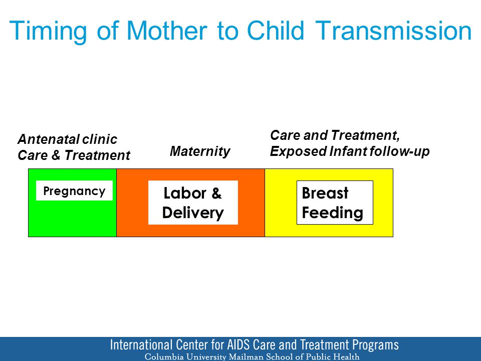 Timing of Mother to Child Transmission Pregnancy Labor & Delivery Breast Feeding Antenatal clinic Care & Treatment Maternity Care and Treatment, Exposed Infant follow-up
