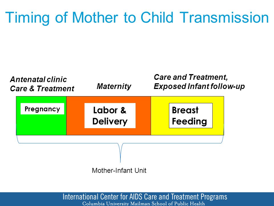 Timing of Mother to Child Transmission Pregnancy Labor & Delivery Breast Feeding Antenatal clinic Care & Treatment Maternity Care and Treatment, Exposed Infant follow-up Mother-Infant Unit