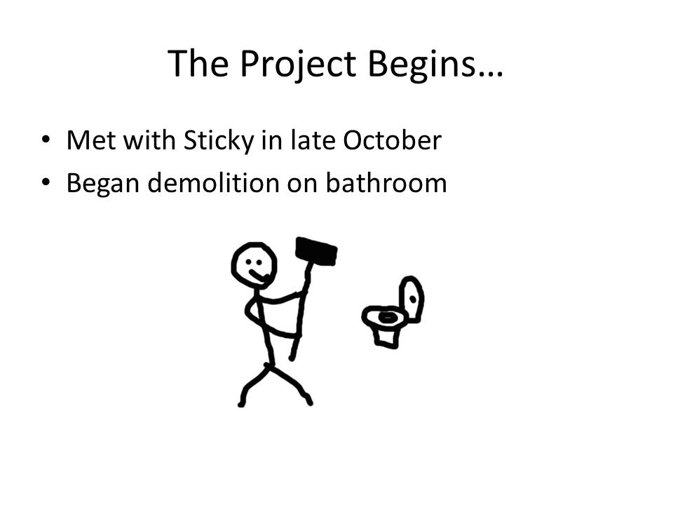 The Project Begins… Met with Sticky in late October Began demolition on bathroom