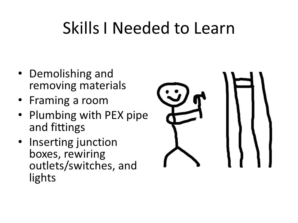 Skills I Needed to Learn Demolishing and removing materials Framing a room Plumbing with PEX pipe and fittings Inserting junction boxes, rewiring outlets/switches, and lights