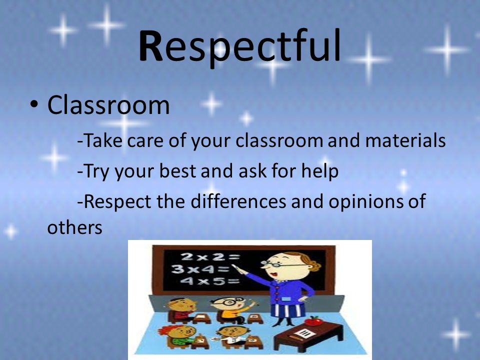 Respectful Classroom -Take care of your classroom and materials -Try your best and ask for help -Respect the differences and opinions of others