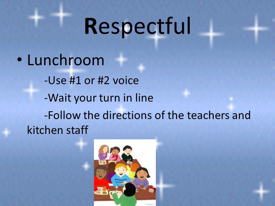 Respectful Lunchroom -Use #1 or #2 voice -Wait your turn in line -Follow the directions of the teachers and kitchen staff