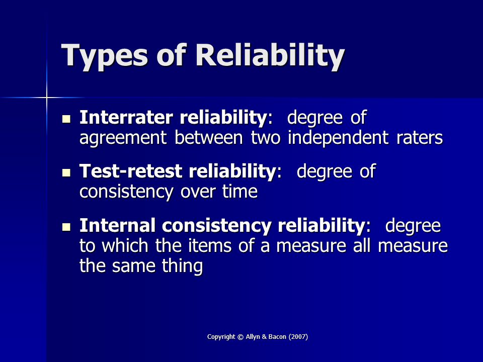 Copyright © Allyn & Bacon (2007) Types of Reliability Interrater reliability: degree of agreement between two independent raters Interrater reliability: degree of agreement between two independent raters Test-retest reliability: degree of consistency over time Test-retest reliability: degree of consistency over time Internal consistency reliability: degree to which the items of a measure all measure the same thing Internal consistency reliability: degree to which the items of a measure all measure the same thing