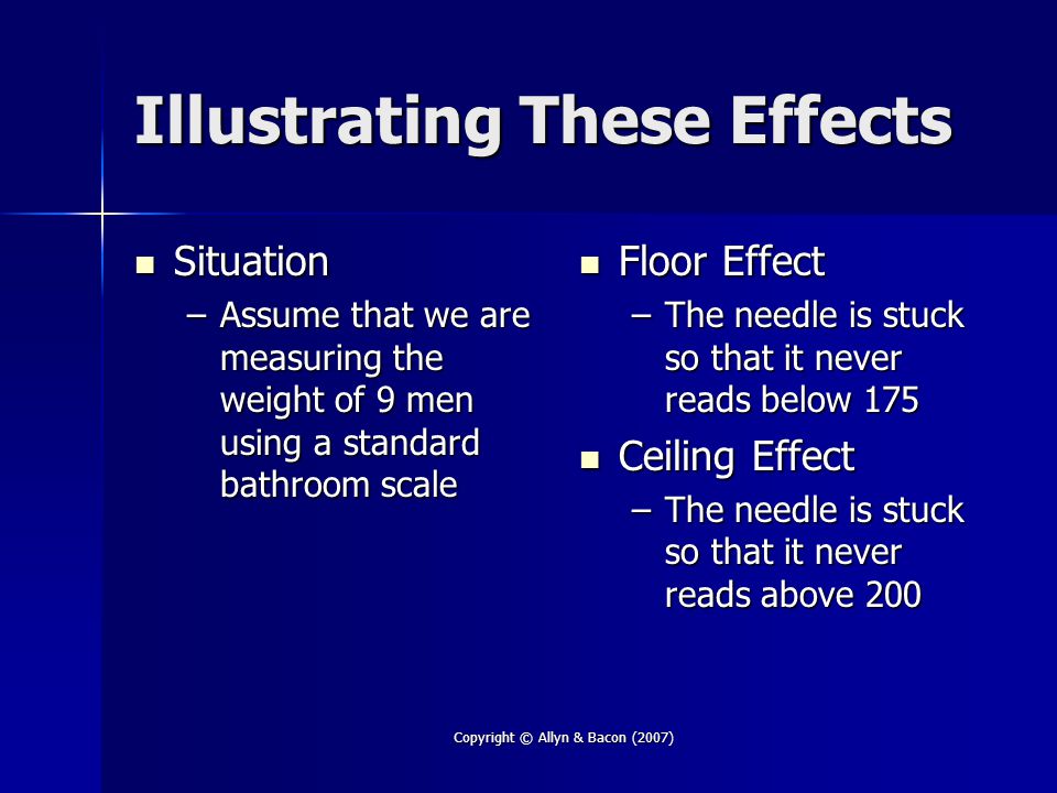 Copyright © Allyn & Bacon (2007) Illustrating These Effects Situation Situation –Assume that we are measuring the weight of 9 men using a standard bathroom scale Floor Effect Floor Effect –The needle is stuck so that it never reads below 175 Ceiling Effect Ceiling Effect –The needle is stuck so that it never reads above 200