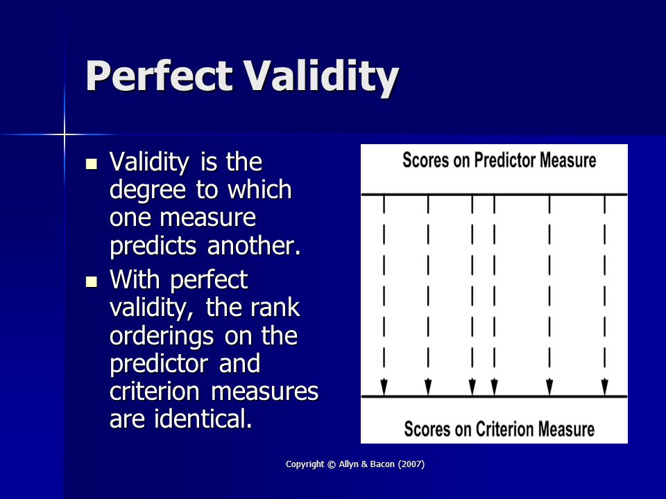 Copyright © Allyn & Bacon (2007) Perfect Validity Validity is the degree to which one measure predicts another.