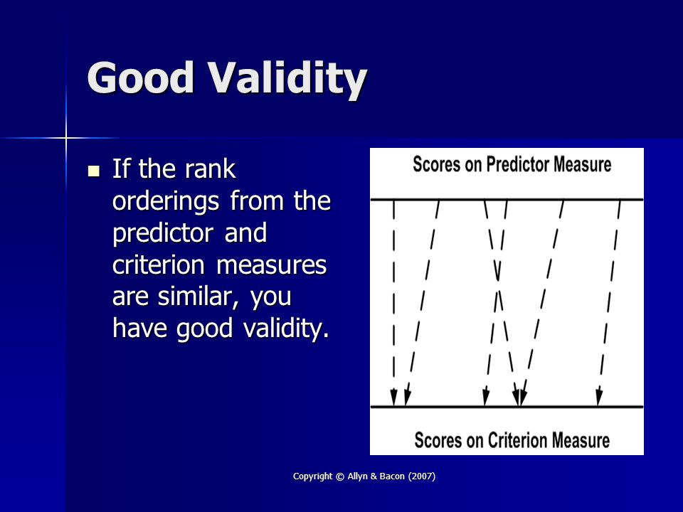 Copyright © Allyn & Bacon (2007) Good Validity If the rank orderings from the predictor and criterion measures are similar, you have good validity.