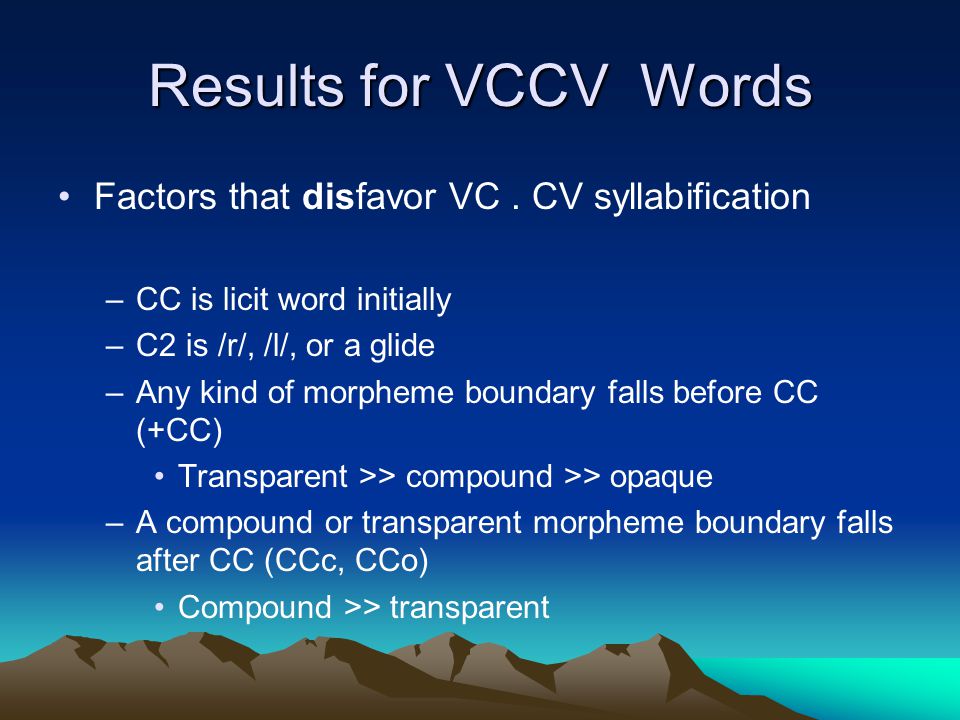Results for VCCV Words Factors that disfavor VC.