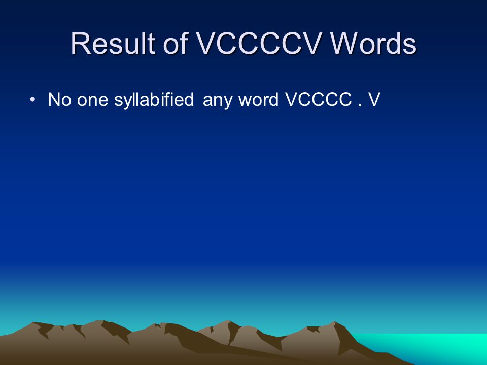 Result of VCCCCV Words No one syllabified any word VCCCC. V