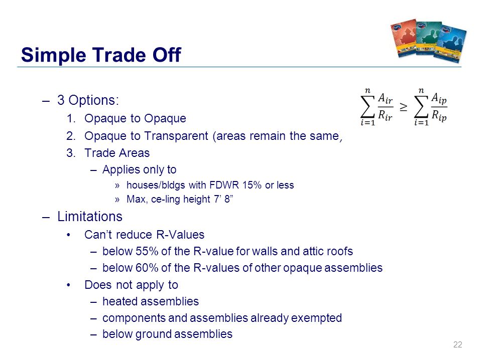 22 Simple Trade Off –3 Options: 1.Opaque to Opaque 2.Opaque to Transparent (areas remain the same) 3.Trade Areas –Applies only to »houses/bldgs with FDWR 15% or less »Max, ce-ling height 7’ 8 –Limitations Can’t reduce R-Values –below 55% of the R-value for walls and attic roofs –below 60% of the R-values of other opaque assemblies Does not apply to –heated assemblies –components and assemblies already exempted –below ground assemblies