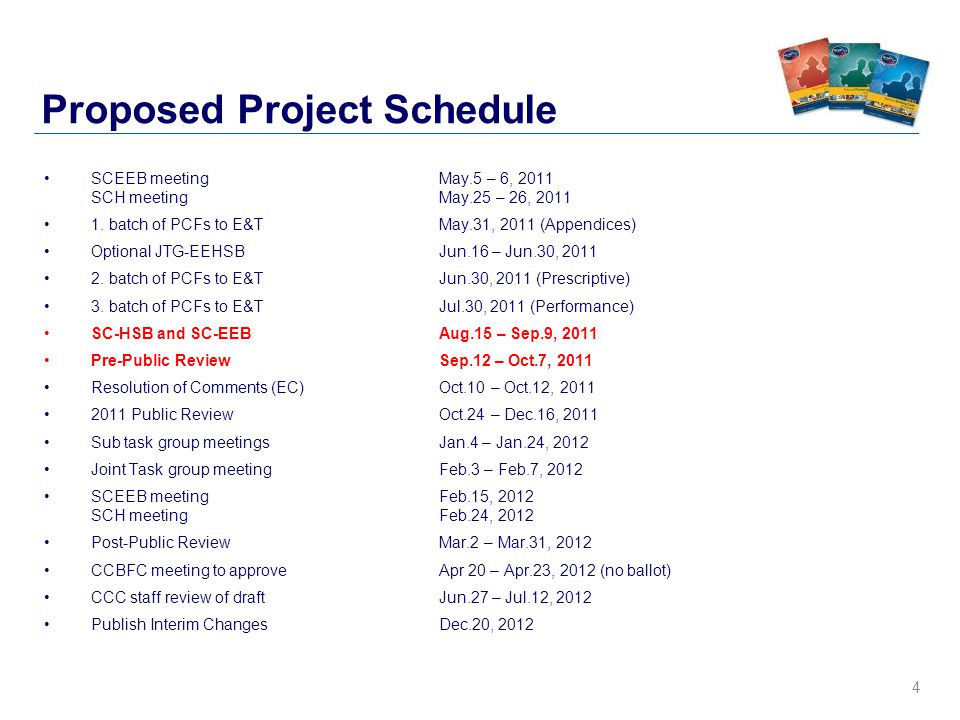 4 Proposed Project Schedule SCEEB meeting May.5 – 6, 2011 SCH meeting May.25 – 26,