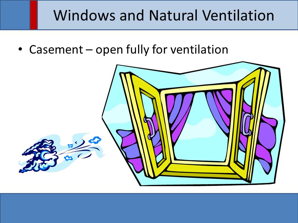Windows and Natural Ventilation Casement – open fully for ventilation