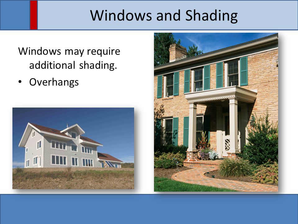 Windows and Shading Windows may require additional shading. Overhangs