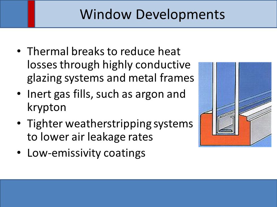 Window Developments Thermal breaks to reduce heat losses through highly conductive glazing systems and metal frames Inert gas fills, such as argon and krypton Tighter weatherstripping systems to lower air leakage rates Low-emissivity coatings