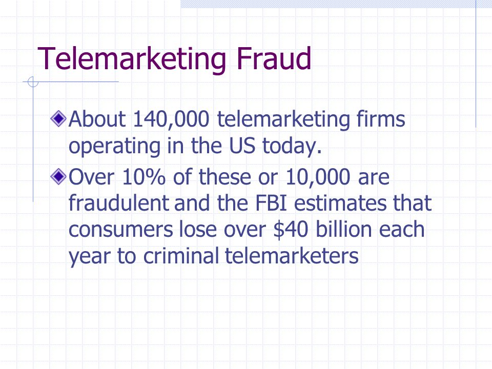 Telemarketing Fraud About 140,000 telemarketing firms operating in the US today.