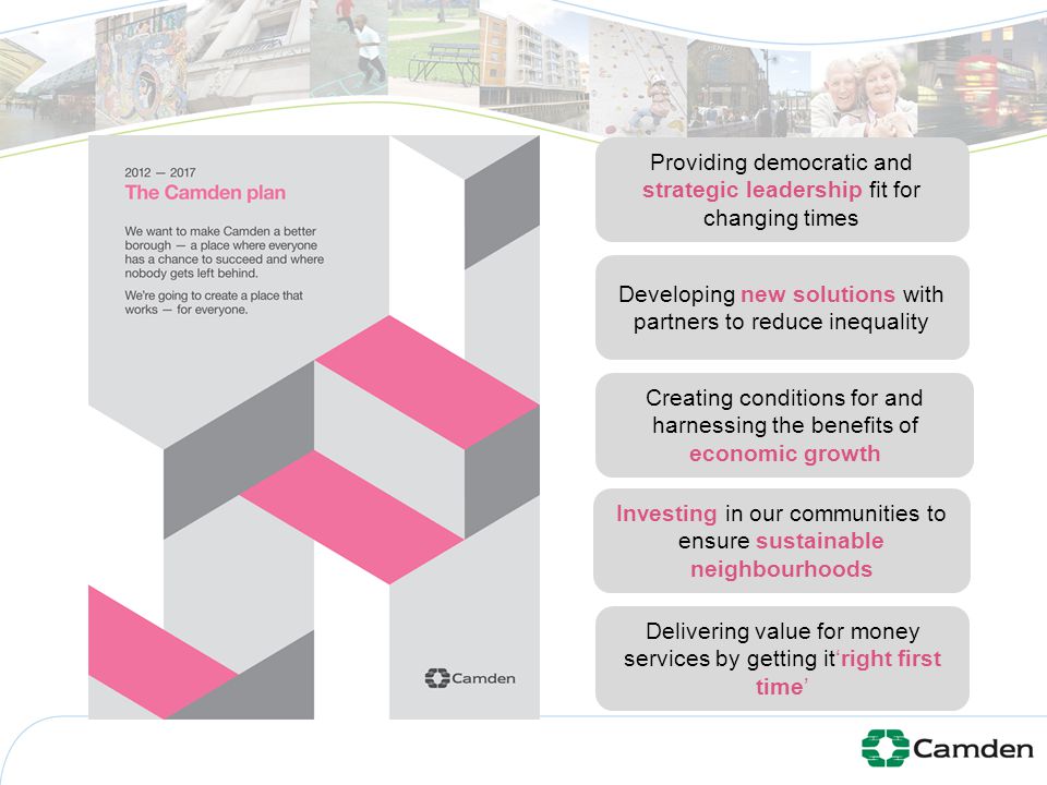 Delivering value for money services by getting it‘right first time’ Providing democratic and strategic leadership fit for changing times Developing new solutions with partners to reduce inequality Investing in our communities to ensure sustainable neighbourhoods Creating conditions for and harnessing the benefits of economic growth