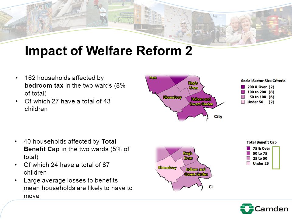 162 households affected by bedroom tax in the two wards (8% of total) Of which 27 have a total of 43 children 40 households affected by Total Benefit Cap in the two wards (5% of total) Of which 24 have a total of 87 children Large average losses to benefits mean households are likely to have to move Impact of Welfare Reform 2