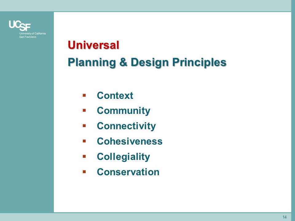 14 Universal Planning & Design Principles  Context  Community  Connectivity  Cohesiveness  Collegiality  Conservation